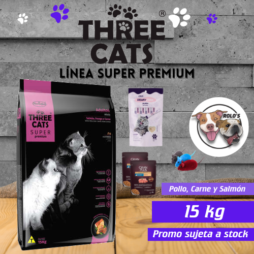 Three Cats Super Premium 15kg Pollo, Carne y Salmón 