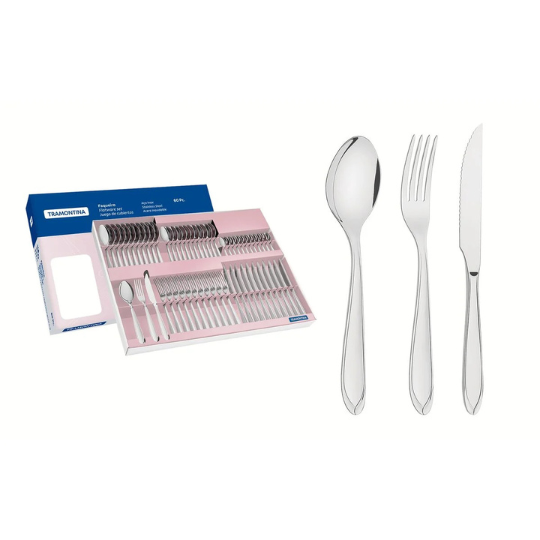 Juego de cubiertos Tramontina Laguna acero inoxidable con cuchillos para carne, 60 piezas